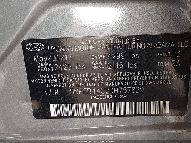 44965701 :رقم المزاد ، 5NPEB4AC2DH757829 vin ، 2013 Hyundai Sonata Gls مزاد بيع