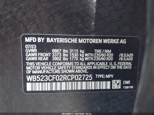 44965711 :رقم المزاد ، WB523CF02RCP02725 vin ، 2024 Bmw Ix Xdrive50 مزاد بيع