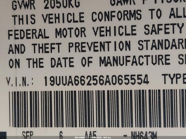 2006 Acura Tl მანქანა იყიდება აუქციონზე, vin: 19UUA66256A065554, აუქციონის ნომერი: 44965713