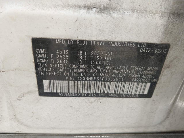 2015 Subaru Legacy 2.5i Premium მანქანა იყიდება აუქციონზე, vin: 4S3BNBF65F3053611, აუქციონის ნომერი: 44965715