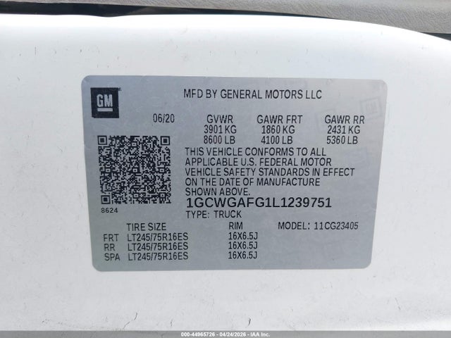 1GCWGAFG1L1239751 Chevrolet Express Cargo Rwd 2500 Regular Wheelbase Wt