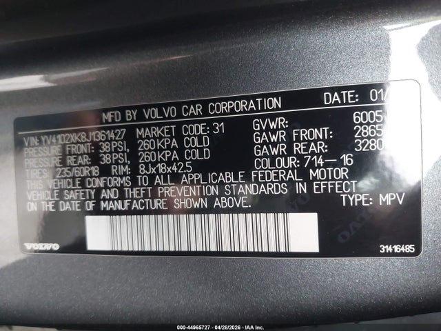 Продажа на аукционе авто 2018 Volvo Xc90 T5 Momentum 5p, vin: YV4102XK8J1361427, номер лота: 44965727