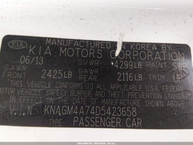 2013 Kia Optima Lx მანქანა იყიდება აუქციონზე, vin: KNAGM4A74D5423658, აუქციონის ნომერი: 44965728