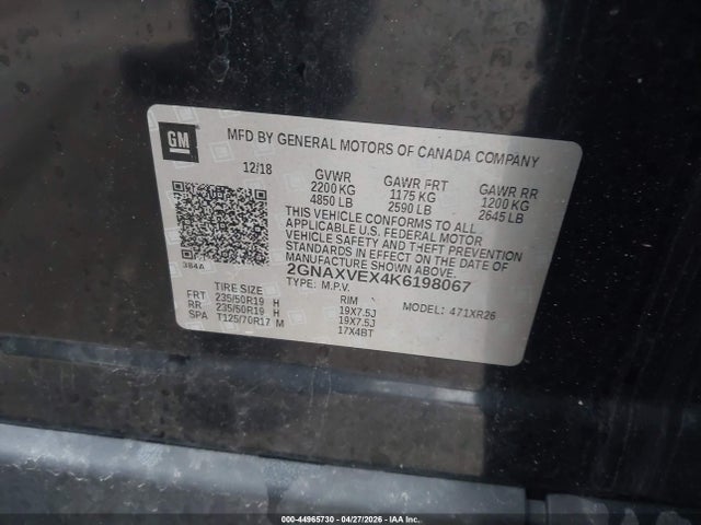 Продажа на аукционе авто 2019 Chevrolet Equinox Lt, vin: 2GNAXVEX4K6198067, номер лота: 44965730
