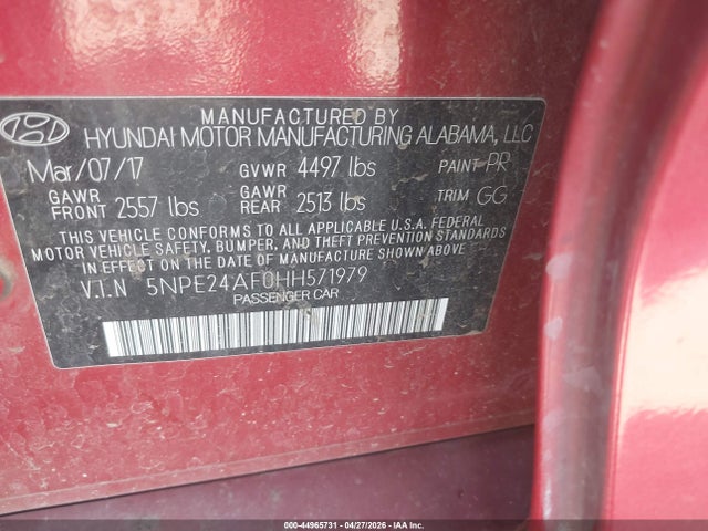 44965731 :رقم المزاد ، 5NPE24AF0HH571979 vin ، 2017 Hyundai Sonata Se مزاد بيع