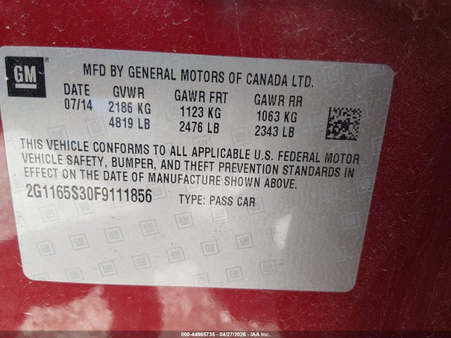 44965735 :رقم المزاد ، 2G1165S30F9111856 vin ، 2015 Chevrolet Impala 2lz مزاد بيع