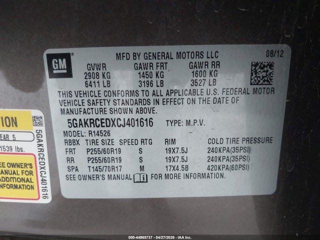 Aukcja sprzedaży 2012 Buick Enclave Leather, vin: 5GAKRCEDXCJ401616, numer aukcji: 44965737
