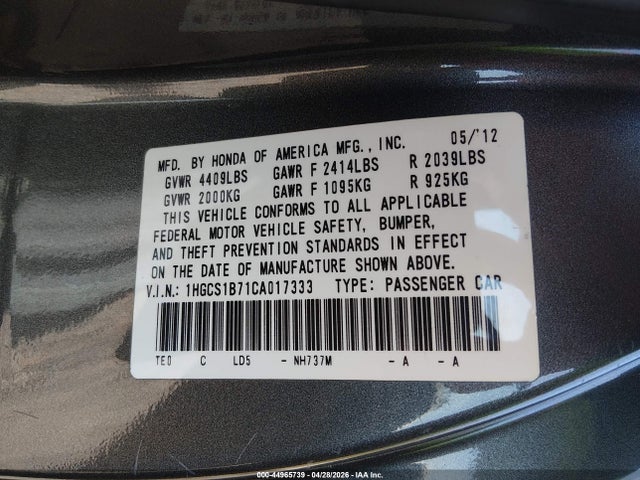 44965739 :رقم المزاد ، 1HGCS1B71CA017333 vin ، 2012 Honda Accord 2.4 Ex مزاد بيع
