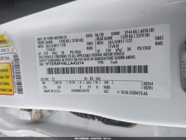 Ford RANGER XL 2020 1FTER4FH8LLA43214 Image 9