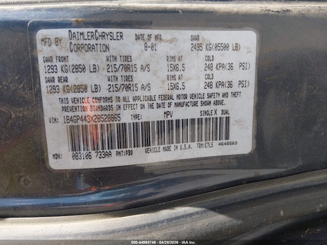 44965746 :رقم المزاد ، 1B4GP443X2B528865 vin ، 2002 Dodge Grand Caravan Sport مزاد بيع