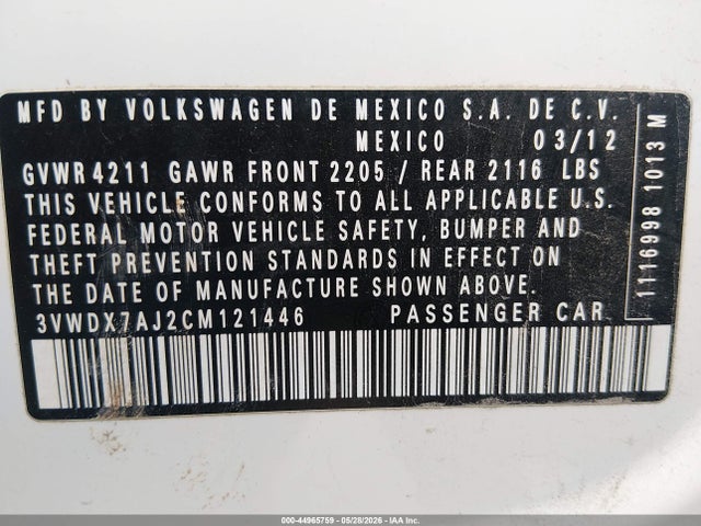 Aukcja sprzedaży 2012 Volkswagen Jetta 2.5l Se, vin: 3VWDX7AJ2CM121446, numer aukcji: 44965759
