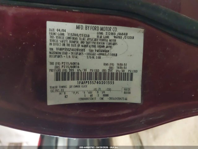2004 Ford Taurus Ses მანქანა იყიდება აუქციონზე, vin: 1FAFP55S74G201555, აუქციონის ნომერი: 44965763