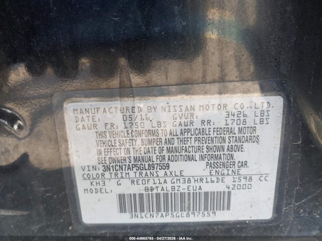 Продаж на аукціоні авто 2016 Nissan Versa 1.6 S/1.6 S+/1.6 Sl/1.6 Sv, vin: 3N1CN7AP5GL897559, номер лоту: 44965765