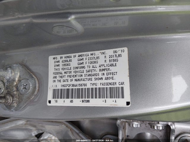 2010 Honda Accord 2.4 Lx მანქანა იყიდება აუქციონზე, vin: 1HGCP2F38AA158766, აუქციონის ნომერი: 44965772