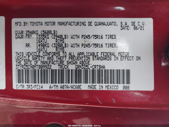 2021 Toyota Tacoma Sr5 V6 მანქანა იყიდება აუქციონზე, vin: 3TYRZ5CN0MT009922, აუქციონის ნომერი: 44965775