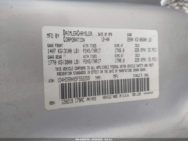 2005 Dodge Durango Limited მანქანა იყიდება აუქციონზე, vin: 1D4HD58NX5F552259, აუქციონის ნომერი: 44965790