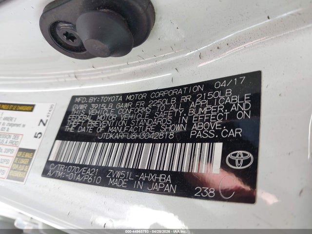 2017 Toyota Prius Three Touring მანქანა იყიდება აუქციონზე, vin: JTDKARFU8H3042818, აუქციონის ნომერი: 44965793