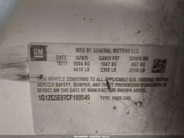 2012 Chevrolet Malibu 1lt მანქანა იყიდება აუქციონზე, vin: 1G1ZC5E07CF189549, აუქციონის ნომერი: 44965808