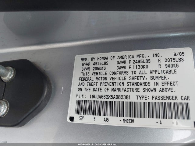 44965813 :رقم المزاد ، 19UUA662X5A082381 vin ، 2005 Acura Tl مزاد بيع
