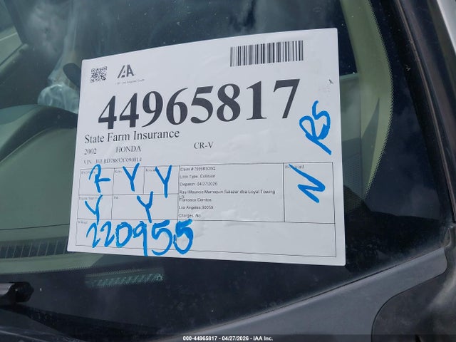 2002 Honda Cr-v Ex მანქანა იყიდება აუქციონზე, vin: JHLRD78832C090814, აუქციონის ნომერი: 44965817