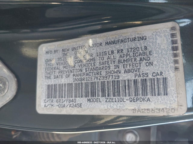 Продаж на аукціоні авто 2000 Toyota Corolla Ce, vin: 1NXBR12E7YZ397719, номер лоту: 44965833