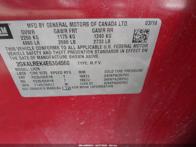 44965834 :رقم المزاد ، 2GKALREK4E6304560 vin ، 2014 Gmc Terrain Sle-2 مزاد بيع