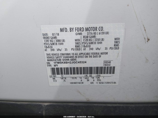 1FM5K8BH2JGC45324 Ford Explorer
