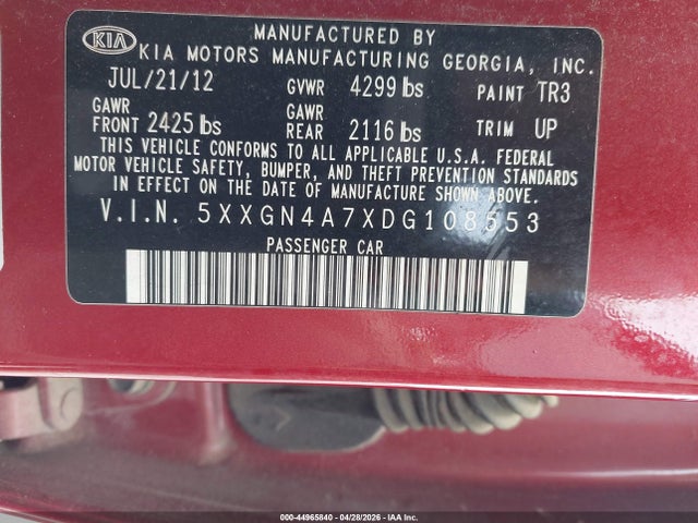 2013 Kia Optima Ex მანქანა იყიდება აუქციონზე, vin: 5XXGN4A7XDG108553, აუქციონის ნომერი: 44965840