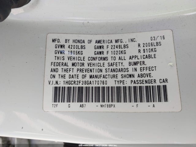 Продаж на аукціоні авто 2016 Honda Accord Lx, vin: 1HGCR2F38GA170760, номер лоту: 44965848