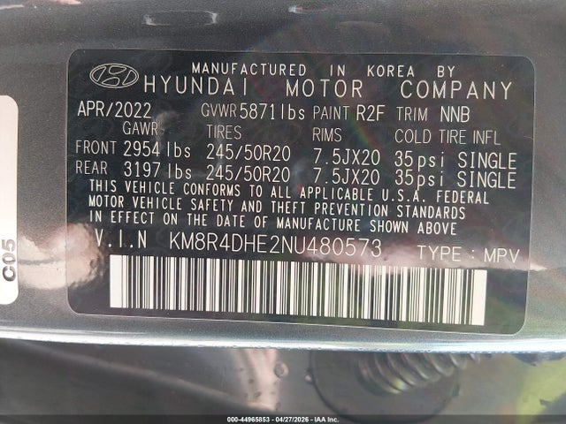 Продаж на аукціоні авто 2022 Hyundai Palisade Sel, vin: KM8R4DHE2NU480573, номер лоту: 44965853