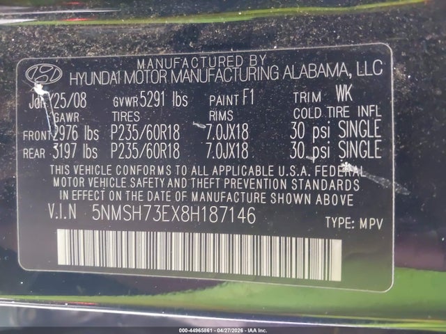 Auction sale of the 2008 Hyundai Santa Fe Limited/se, vin: 5NMSH73EX8H187146, lot number: 44965861