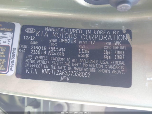 44965863 :رقم المزاد ، KNDJT2A63D7558092 vin ، 2013 Kia Soul + مزاد بيع