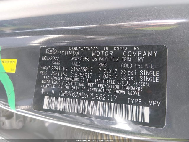 Aukcja sprzedaży 2023 Hyundai Kona Sel, vin: KM8K62AB5PU982917, numer aukcji: 44965869