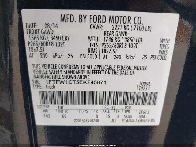 Продаж на аукціоні авто 2014 Ford F-150 Xlt, vin: 1FTFW1CT5EKF45871, номер лоту: 44965874