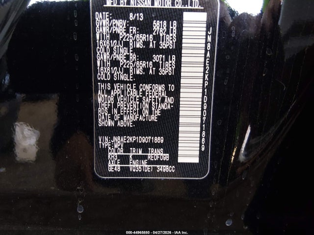 44965880 :رقم المزاد ، JN8AE2KP1D9071869 vin ، 2013 Nissan Quest S مزاد بيع