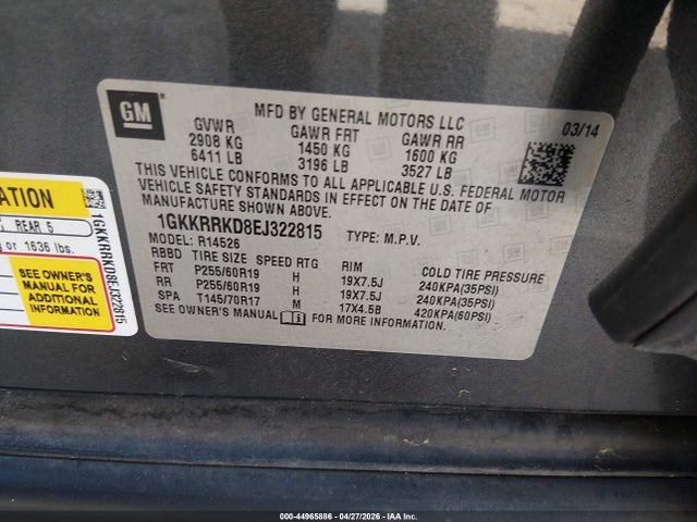 Продаж на аукціоні авто 2014 Gmc Acadia Slt-1, vin: 1GKKRRKD8EJ322815, номер лоту: 44965886