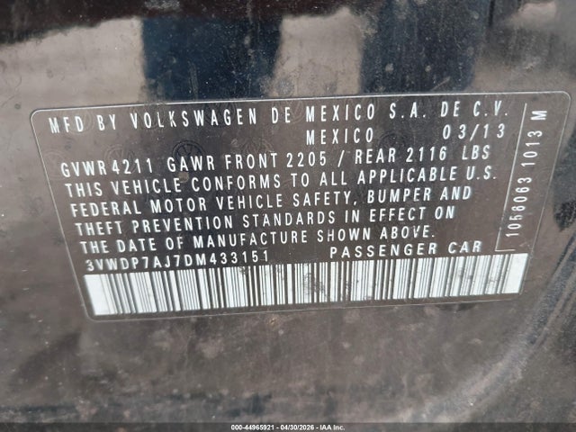 44965921 :رقم المزاد ، 3VWDP7AJ7DM433151 vin ، 2013 Volkswagen Jetta 2.5l Se مزاد بيع