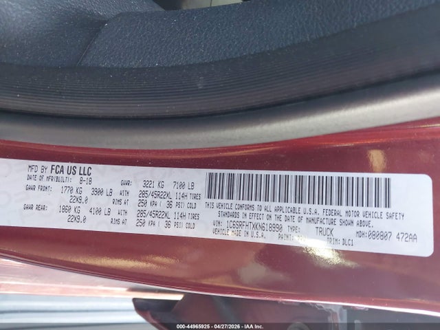 Aukcja sprzedaży 2019 Ram 1500 Limited  4x4 5'7 Box, vin: 1C6SRFHTXKN618990, numer aukcji: 44965925