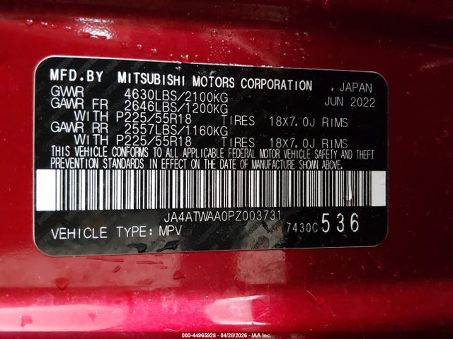 JA4ATWAA0PZ003731 Mitsubishi Eclipse Cross Se S-awc/sel S-awc