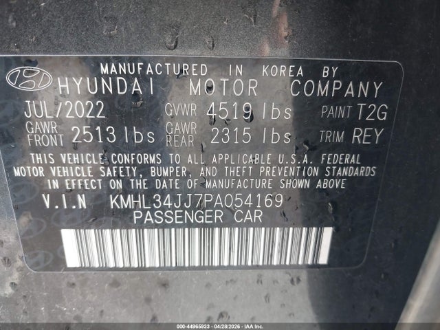 44965933 :رقم المزاد ، KMHL34JJ7PA054169 vin ، 2023 Hyundai Sonata Hybrid Sel مزاد بيع