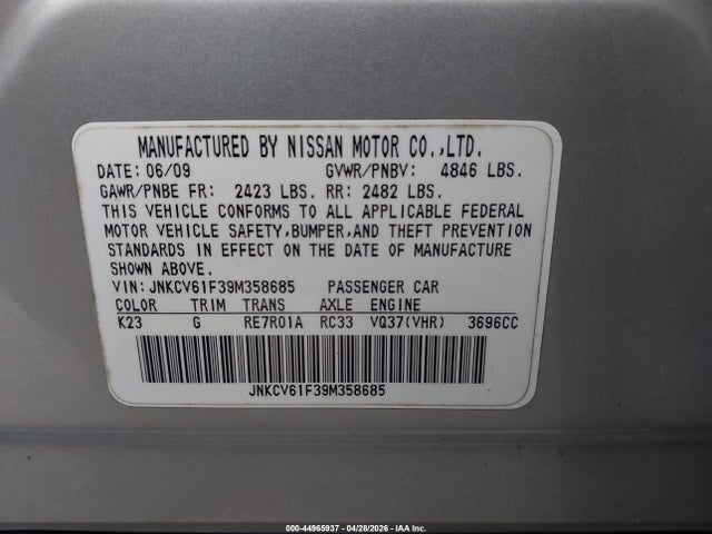44965937 :رقم المزاد ، JNKCV61F39M358685 vin ، 2009 Infiniti G37x مزاد بيع