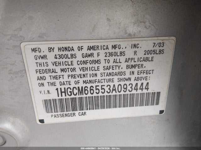 Auction sale of the 2003 Honda Accord 3.0 Ex, vin: 1HGCM66553A093444, lot number: 44965941