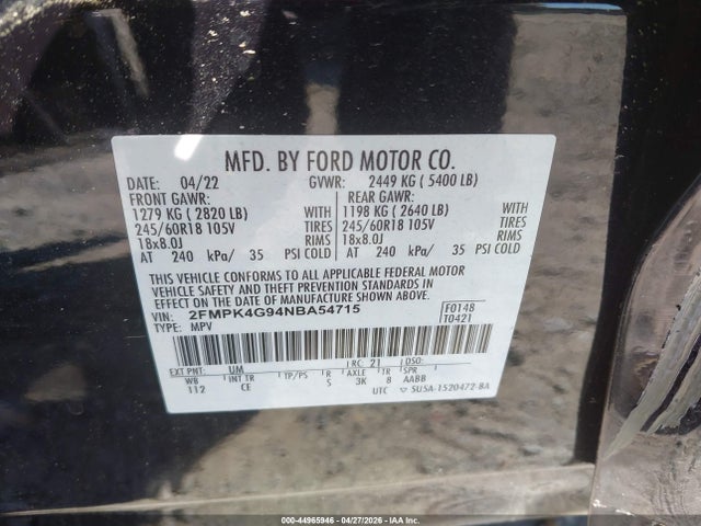 44965946 :رقم المزاد ، 2FMPK4G94NBA54715 vin ، 2022 Ford Edge Se مزاد بيع