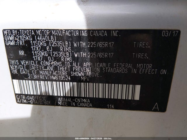 Aukcja sprzedaży 2017 Toyota Rav4 Xle, vin: 2T3RFREV7HW619524, numer aukcji: 44965954