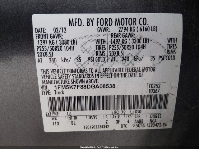 2013 Ford Explorer Limited მანქანა იყიდება აუქციონზე, vin: 1FM5K7F88DGA08538, აუქციონის ნომერი: 44965985