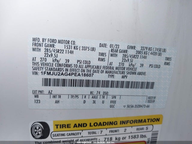 2023 Ford Expedition Limited მანქანა იყიდება აუქციონზე, vin: 1FMJU2AG4PEA18607, აუქციონის ნომერი: 44965989