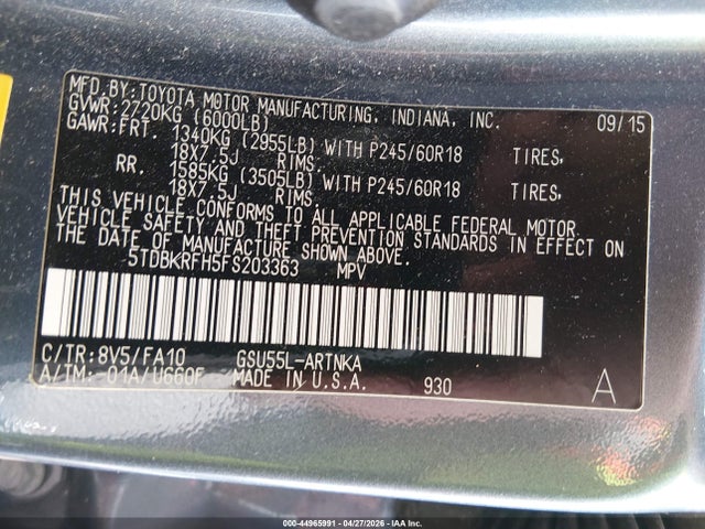 44965991 :رقم المزاد ، 5TDBKRFH5FS203363 vin ، 2015 Toyota Highlander Le/le Plus مزاد بيع