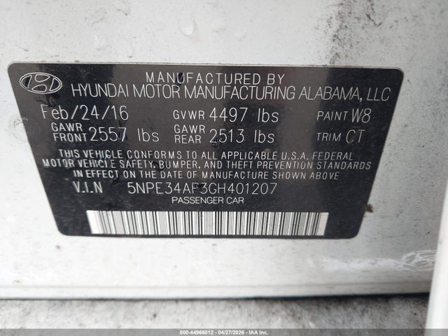 Aukcja sprzedaży 2016 Hyundai Sonata Sport, vin: 5NPE34AF3GH401207, numer aukcji: 44966012