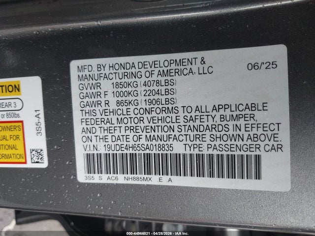 2025 Acura Integra A-spec Technology მანქანა იყიდება აუქციონზე, vin: 19UDE4H65SA018835, აუქციონის ნომერი: 44966021