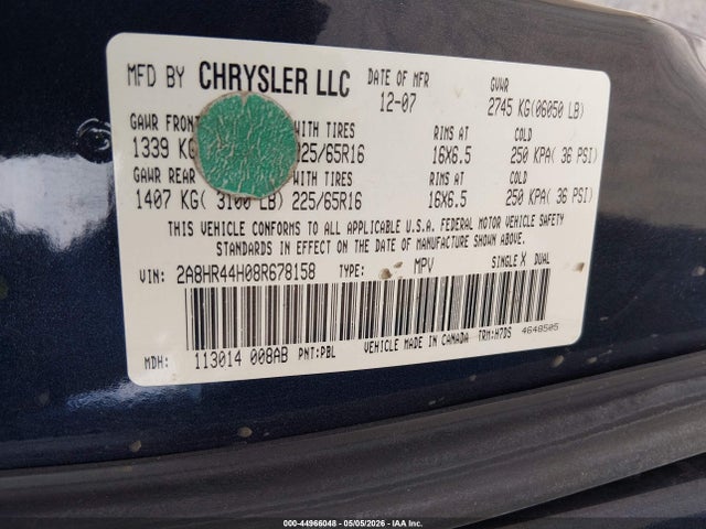 Aukcja sprzedaży 2008 Chrysler Town & Country Lx, vin: 2A8HR44H08R678158, numer aukcji: 44966048